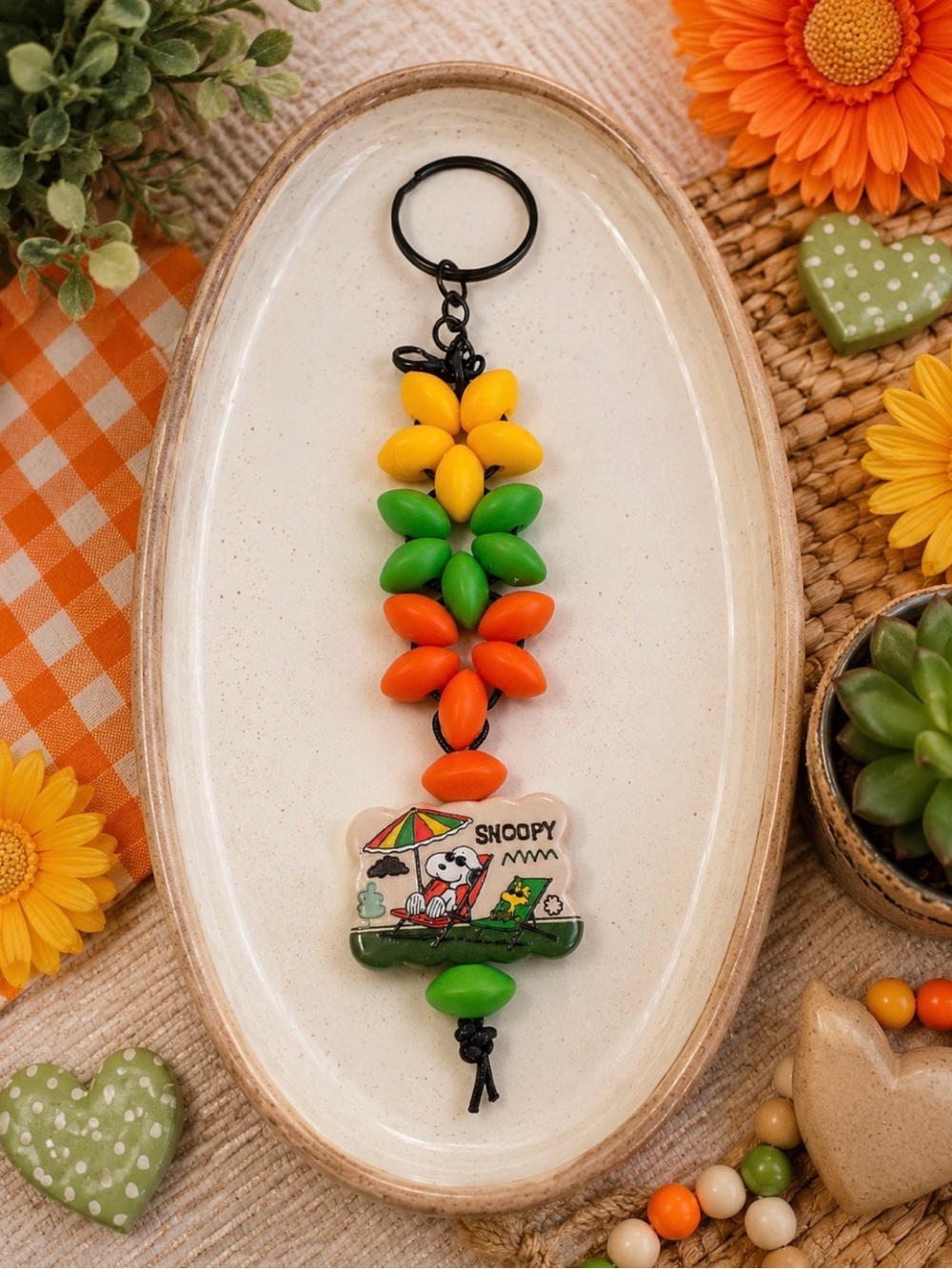 Hand Crafted Yellow Green Orange Beaded Snoopy Keychain